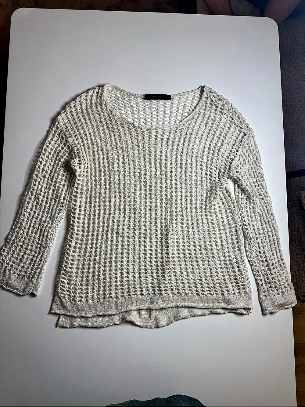 ZESICA Open Knit Crew Neck Sweater in Cream